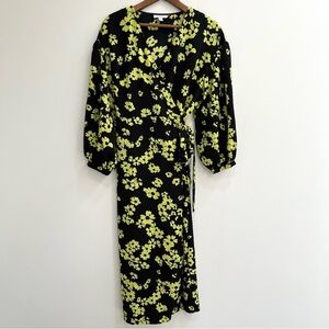 TOPSHOP black lime green floral wrap midi dress balloon sleeves size 12